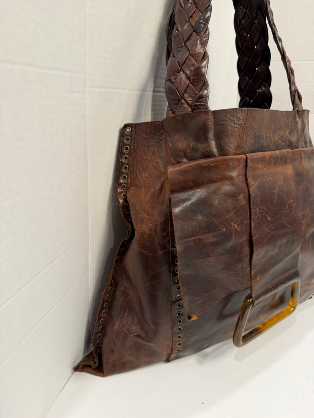 RARE Rebel large shoulder bag with braided handles Italian vintage leather $850 - Picture 2 of 6